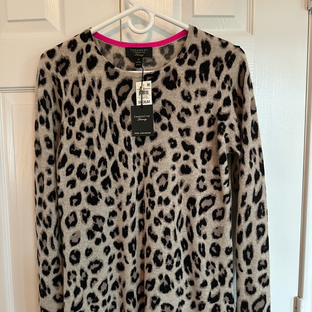 Charter Club Leopard Print Cashmere Sweater - Black and Cream